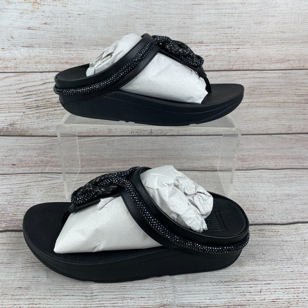 FitFlop Fino Crystal-Cord Leather Toe-Post Womens Sz 6 Sandals Black